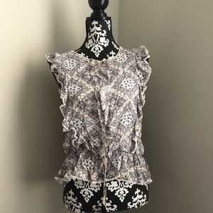 Ruffle Elastic Waisted Blouse Large Blue White